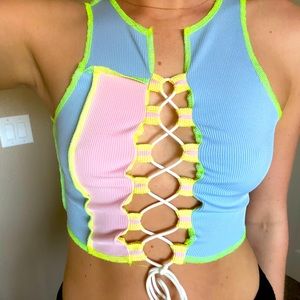 Color block Lace Up Knot Rib-knit Tank Top